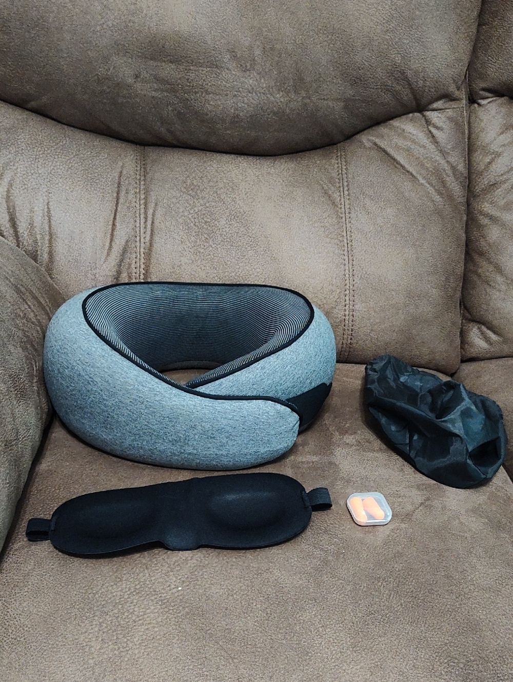 BIGITALI Grey Travel Neck Pillow with Eye Mask and Earplugs